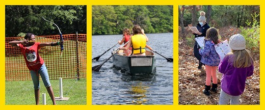 Three photos side-by-side of Girl Scouts doing outdoor activities at GSEMA camps Three photos side-by-side of Girl Scouts doing outdoor activities at GSEMA camps